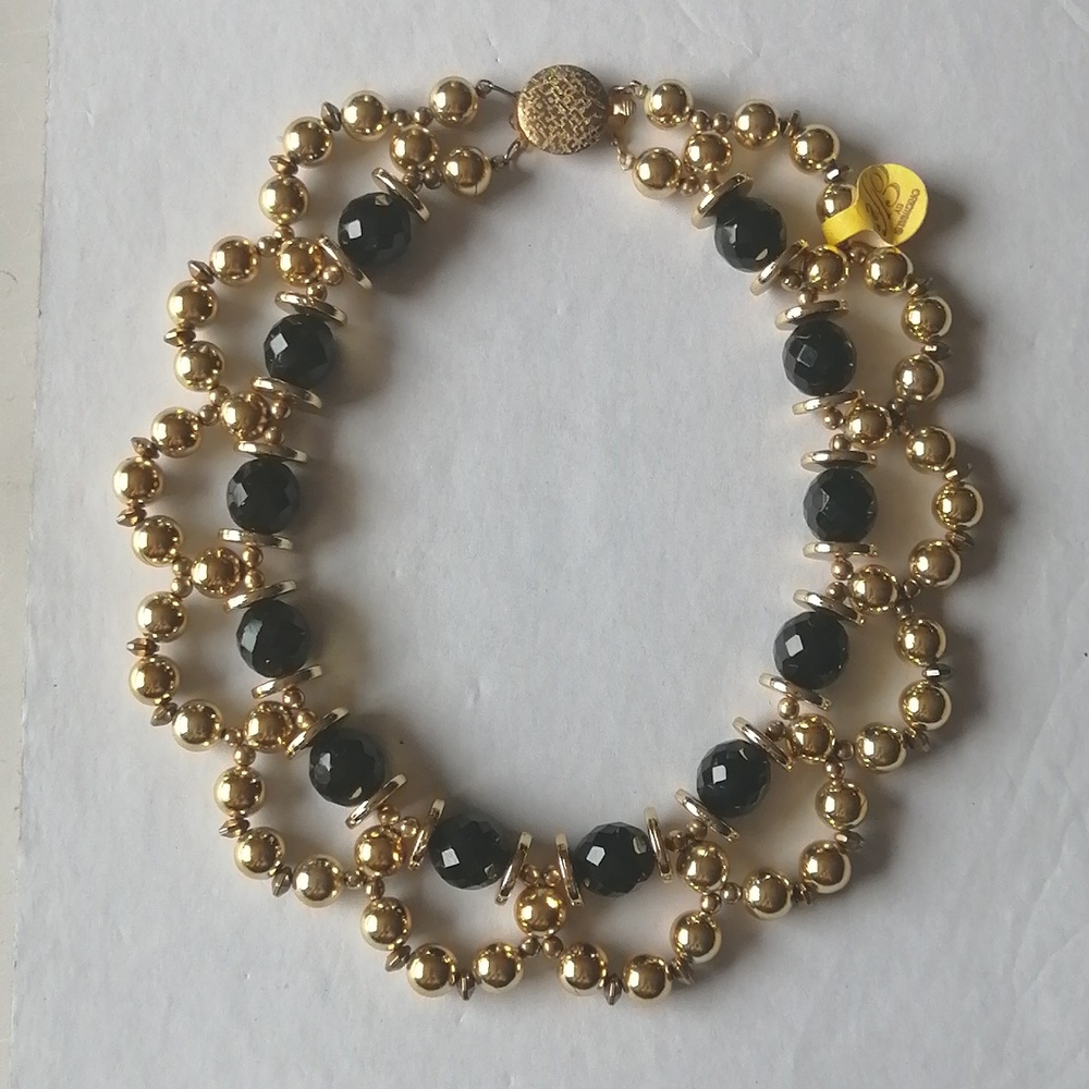 Vintage Originals by Elfi Black Faceted Glass Beads Gold Collar Necklace